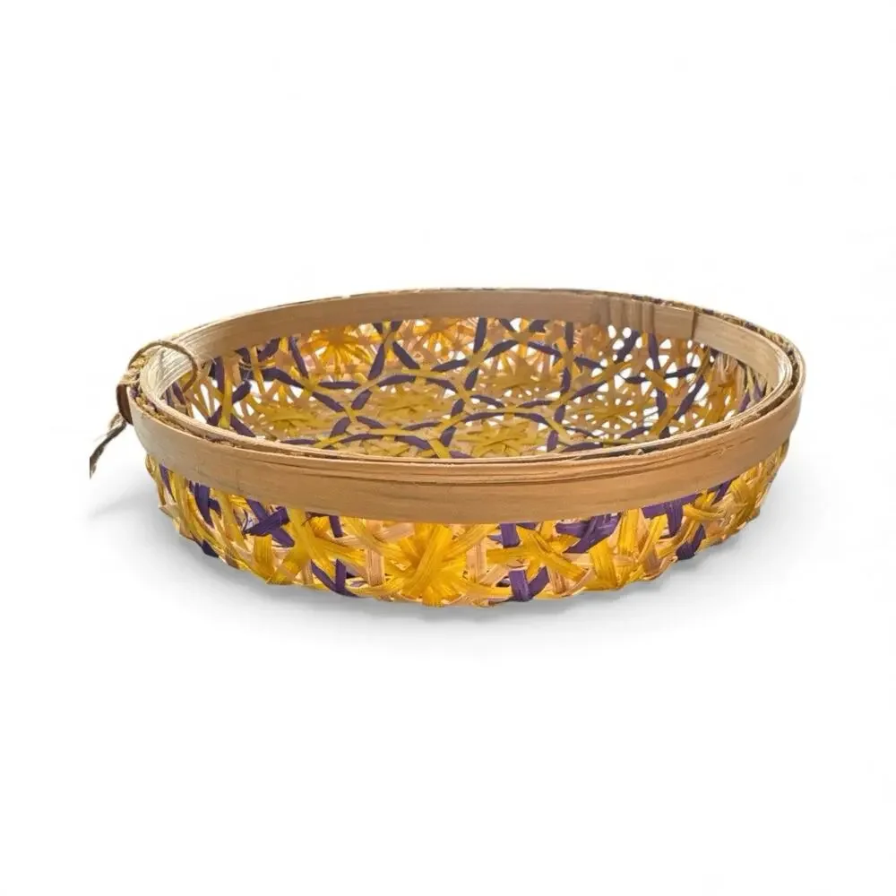 Ann Lee Designs handwoven bamboo decorative basket tray 7.5” Purple yellow
